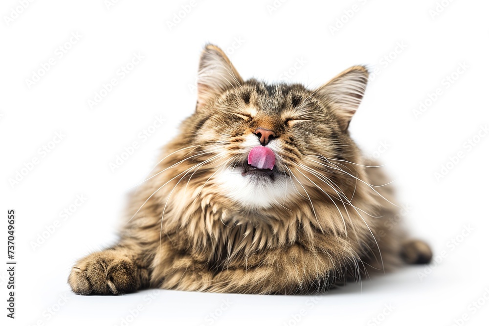 Fototapeta premium Lovely fluffy cat lying and licking lips on white background