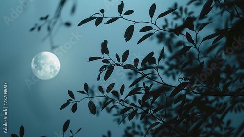 moon and tree, an image of a full moon and leaves, in the style of minimalistic landscapes, uhd image, naturalist aesthetic, light black and sky-blue, mediterranean landscapes, photo