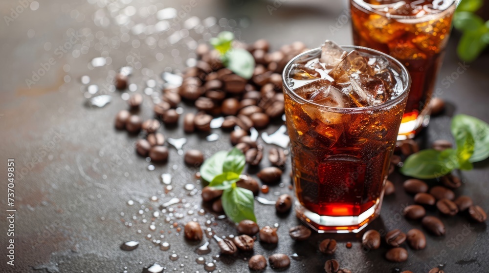 Two glasses filled with refreshing iced tea placed on a table, with a surrounding arrangement of coffee beans. Two glasses filled with refreshing iced tea placed on a table, with a surrounding arrangement of coffee beans.