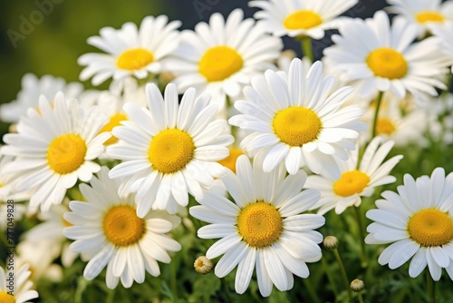 Lovely blossom daisy flowers background. Sunny meadow closeup. Daisies  wild herbs and flowers.