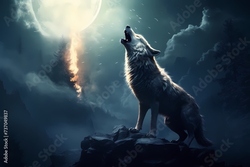 A lone wolf howling at the moon, its haunting call echoing through the night. © Animals
