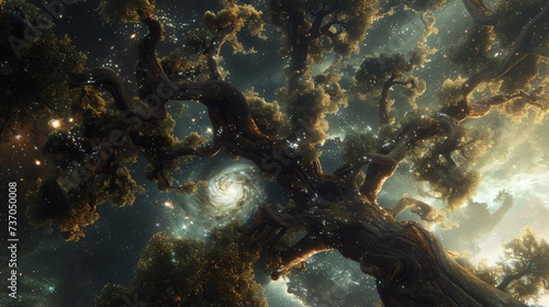 lush old tree is magically spawning galaxies from its branches photo