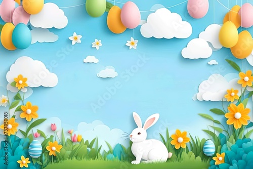 Bunny With Easter Eggs In Flowery Meadow, Easter poster, Easter egg © Irfans