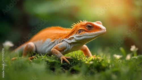 Close up of orange, white Lizard with reptilian features, standing on green grass with blurred green background.