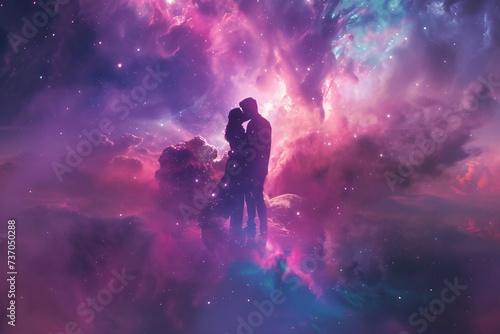 A celestial love story featuring a couple composed of stardust floating in the infinite expanse of a shimmering vibrant galaxy