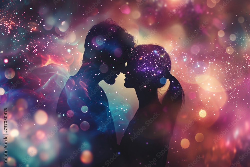 A celestial love story featuring a couple composed of stardust floating in the infinite expanse of a shimmering vibrant galaxy - obrazy, fototapety, plakaty 