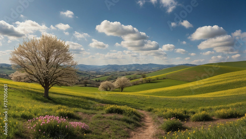 A green meadow with a flowering almond tree on a cloudy morning. Spring landscapes series..