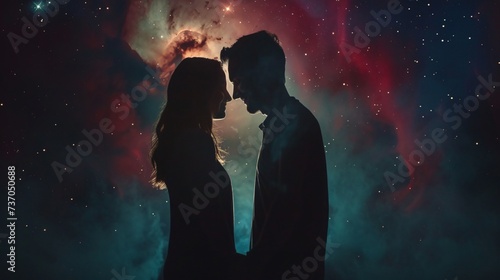 Depict a tender moment between a couple holding hands under the celestial blanket of a galaxy their faces softly illuminated by the milky glow of a nebula