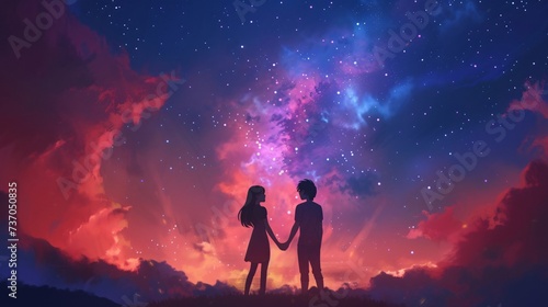 Depict a tender moment between a couple holding hands under the celestial blanket of a galaxy their faces softly illuminated by the milky glow of a nebula