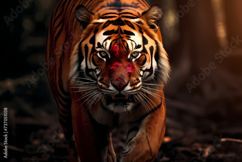 A magnificent Bengal tiger  its powerful presence emphasized against a deep red background.