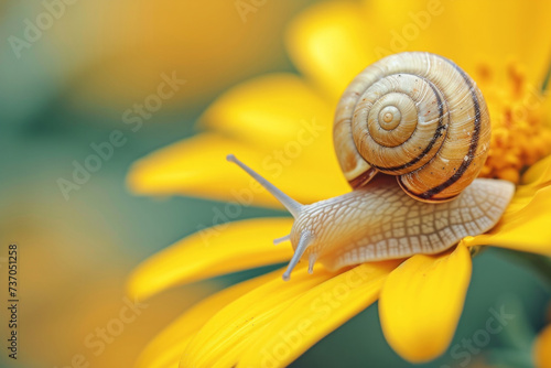 A wet snail moves slowly through yellow flowers. The garden after the rain. Tiny snail alongside a yellow flower. Close-up snail on a petal of yellow flower on green background.