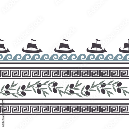 Seamless pattern with olives, waves, ships, and Greek symbols. Rich ancient stylized ornament, vector illustration