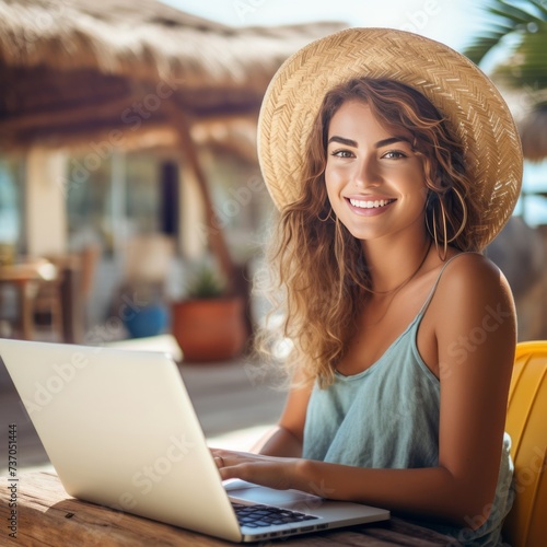 Cheerful young woman working on a laptop on vacation.