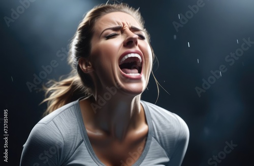 upset Caucasian woman screaming, crying in pain. shock and emotional breakdown, depression.