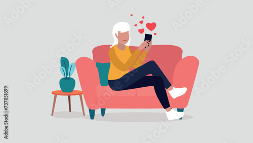 Vektor-Illustration einer Frau die mit ihrem Smartphone auf einer Online-Dating-Plattform flirtet - Dating-Konzept