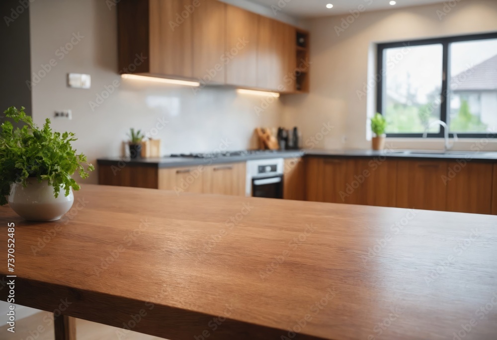 Wooden table top on blurred kitchen room with window in background. Advertising template for utensil and products. Copy space. For montage product display or design key visual layout. Generation Ai Wooden table top on blurred kitchen room with window in background. Advertising template for utensil and products. Copy space. For montage product display or design key visual layout. Generation Ai