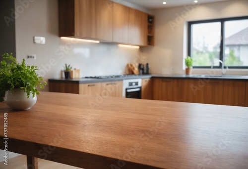 Wooden table top on blurred kitchen room with window in background. Advertising template for utensil and products. Copy space. For montage product display or design key visual layout. Generation Ai