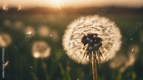 Dandelion seeds blowing in the wind across a summer field background  conceptual image meaning chang