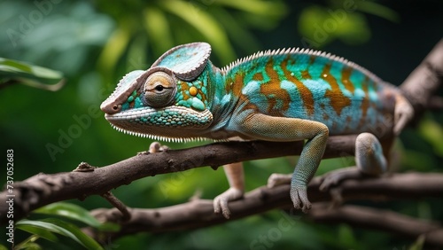 cute funny chameleon - Chamaeleo calyptratus on a branch , isolated on black background
