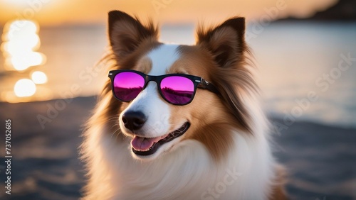 Funny portrait of sable and white shetland sheepdog with stylish pink sunglasses on holidays. Cute l 