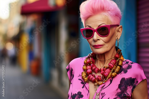 Personality senior woman with pink hair posing on the street