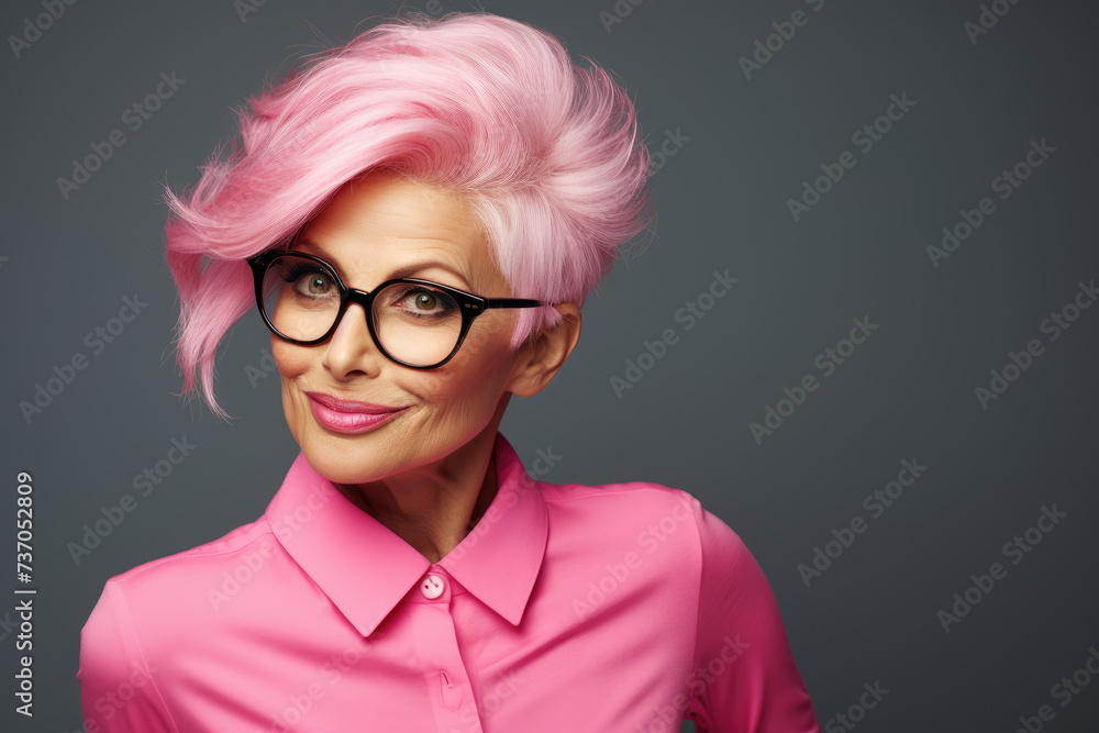 Personality senior woman with pink hair posing on the street