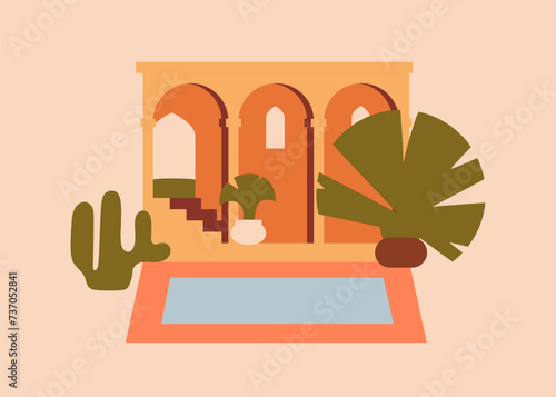 Morocco architecture. Abstract Moroccan building with arches and plants. Berber house in ancient Marrakech and Medina style. Traditional Maroc and Arab arcs, stairs. Flat vector illustration