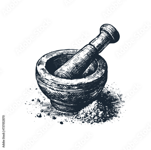 Mortar and pestle. Rough sketch. Vector illustration.