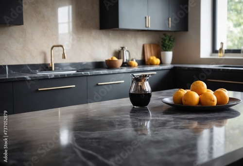 Marble table top on blurred kitchen room in background. Advertising template for utensil and products. For montage product display or design key visual layout. Generation Ai