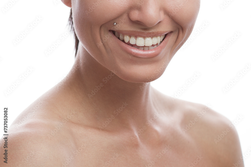 Close-up Portrait of a beautiful smiling girl on a white background Close-up Portrait of a beautiful smiling girl on a white background