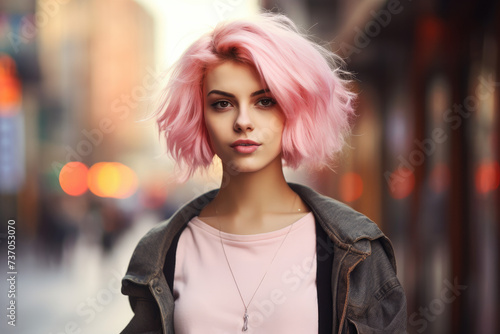 Personality girl with pink hair posing on the street © Kien