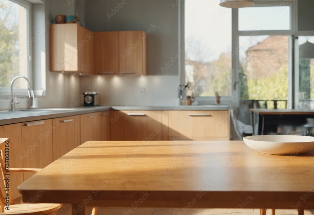 Wooden table top on blurred kitchen room with sunny light in background. Advertising template for utensil and products. For montage product display or design key visual layout. Generative Ai Wooden table top on blurred kitchen room with sunny light in background. Advertising template for utensil and products. For montage product display or design key visual layout. Generative Ai