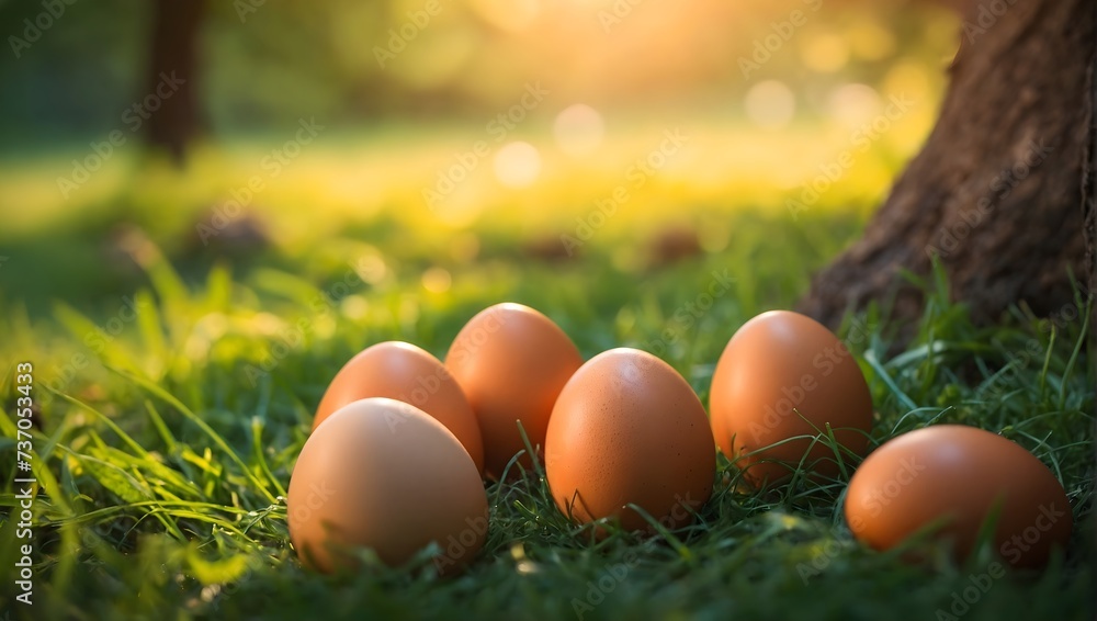 Happy Easter Day. Easter eggs sitting on top of a lush green grass, next to a forest in a beautiful spring morning. Happy Easter Day. Easter eggs sitting on top of a lush green grass, next to a forest in a beautiful spring morning.