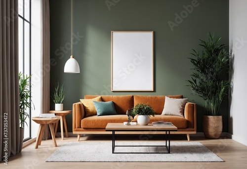 Cozy room with velvet yellow sofa and plant against wall. Picture on wall with mock up. Concept of Modern Scandinavian style. Ai generation