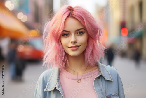Personality girl with pink hair posing on the street