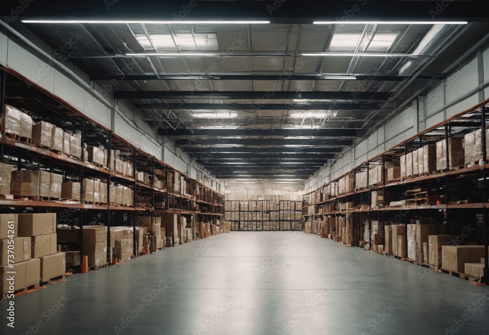 Large warehouse full of packed boxes. Concept of distribution cargo and logistics. Industry and storehouse. Generative Ai Large warehouse full of packed boxes. Concept of distribution cargo and logistics. Industry and storehouse. Generative Ai