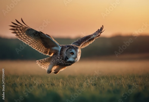Snowy Owl foraging in the sunset steppe