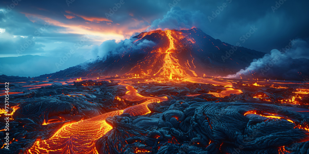 impressive volcanic lava landscape, dramatic natural disaster, hell's flames, armageddon