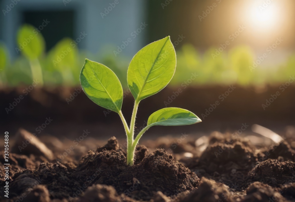 The seedling are growing from the rich soil to the morning sunlight that is shining, ecology concept.