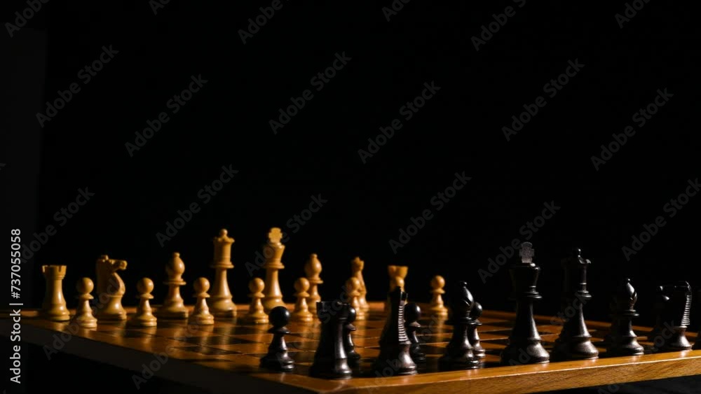 Cinematic roll shot of chess pieces on a chessboard with a black background and a single light source coming from the right. Cinematic roll shot of chess pieces on a chessboard with a black background and a single light source coming from the right.