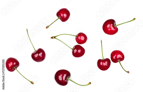 Sweet cherry fruits isolated on a white background  top view