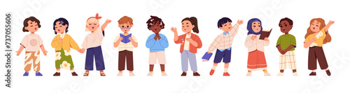 Kids singers in choir set. Cute children sing song together. Diverse vocal talented students group. Child church chorus with music performance. Flat isolated vector illustration on white background