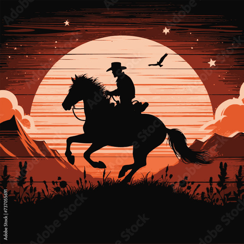 Silhouette of a cowboy riding a wild horse at sunset on a wooden sign, vector