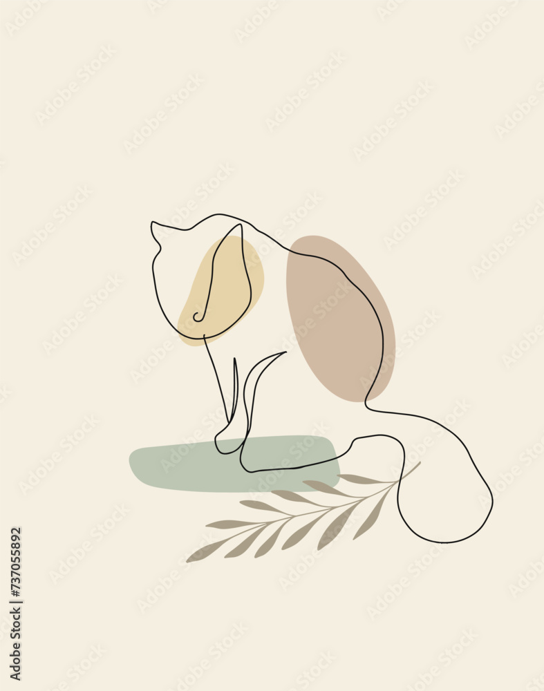 One line sitting cat vector illustration with abstract shapes and plant branch, leaves beige colors One line sitting cat vector illustration with abstract shapes and plant branch, leaves beige colors