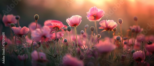 Breathtaking sunrise over blooming field of colored flowers © DigitalMuseCreations