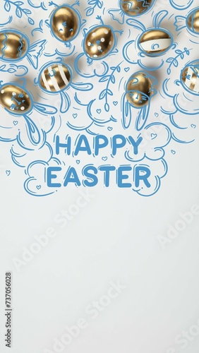 Creative vertical design with decorated eggs, doodles and Happy Easter text on white background. Concept of Easter, holiday, celebration. Template for banner, poster, postcards and greeting cards, ad