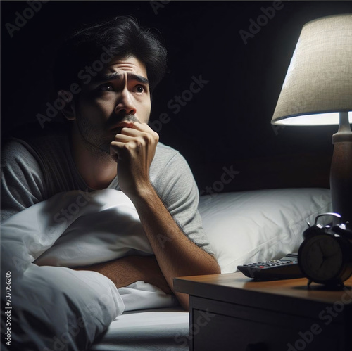 Man in bed waking up from a bad dream or unable to sleep. Created using artificial intelligence