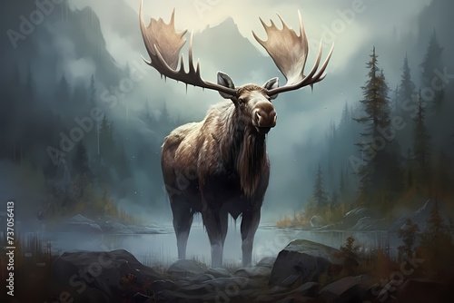 A majestic moose standing tall in a misty meadow, its antlers reaching towards the sky.