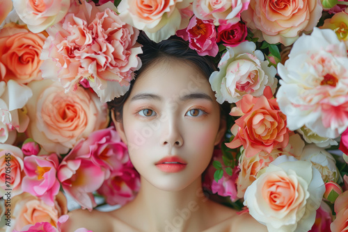 beautiful asian woman among flowers