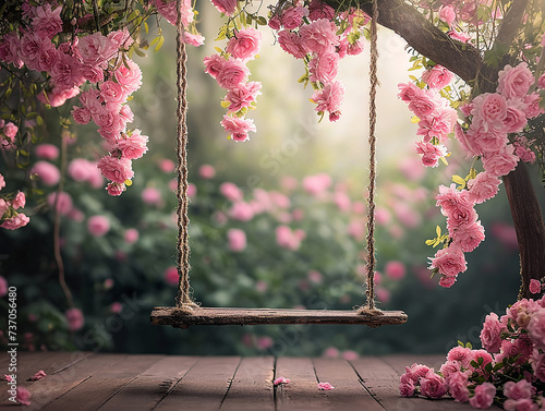 sfondo per fotografia di neonato o bimbi, sfondo di altalena ricoperta di fiori rosa, sfondo rosa, per inserimento  bimbe femmine  photo